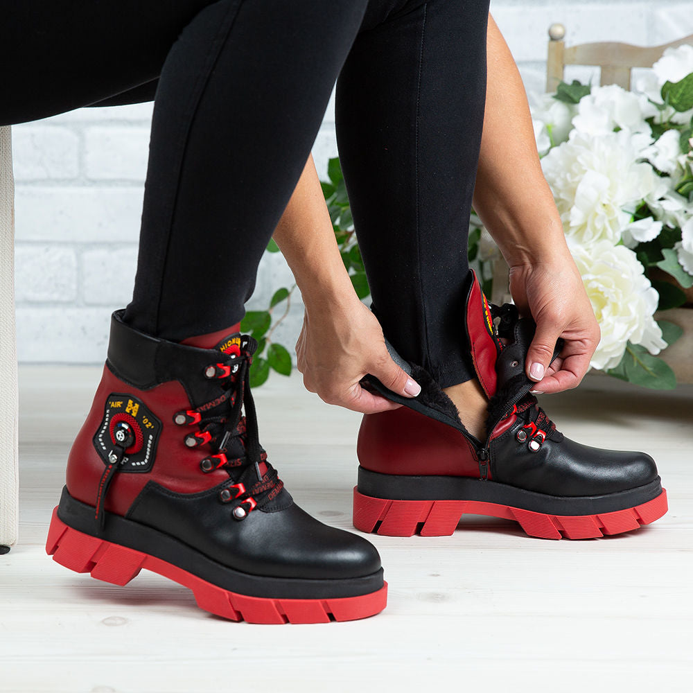 Ghete De Dama Din Piele Naturala 736 Culoare Negru Rosu