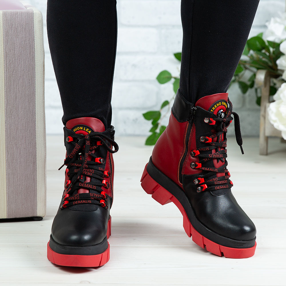 Ghete De Dama Din Piele Naturala 736 Culoare Negru Rosu