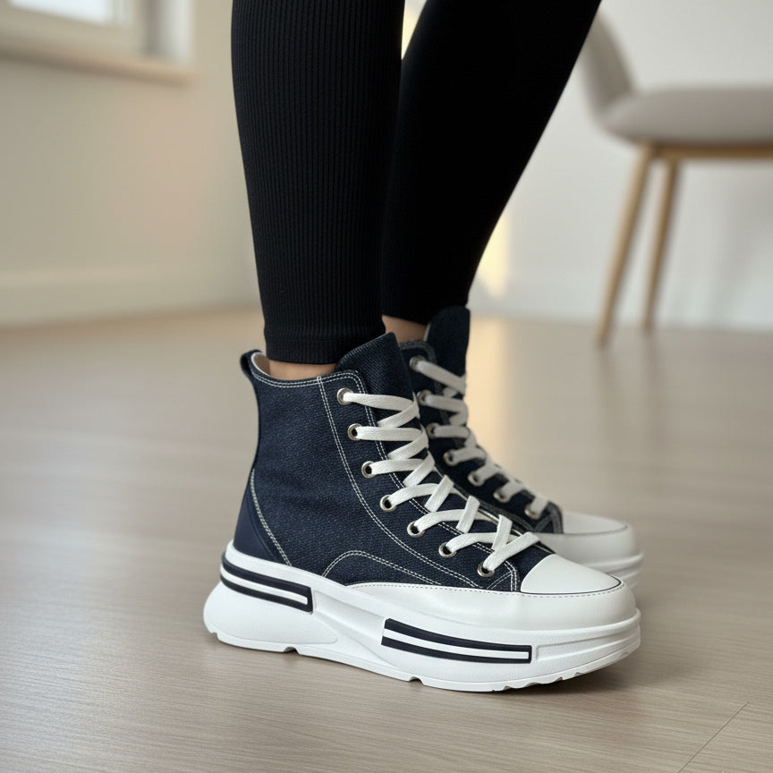 Ghete damă piele naturală + textil l TENISI 121 I albastru