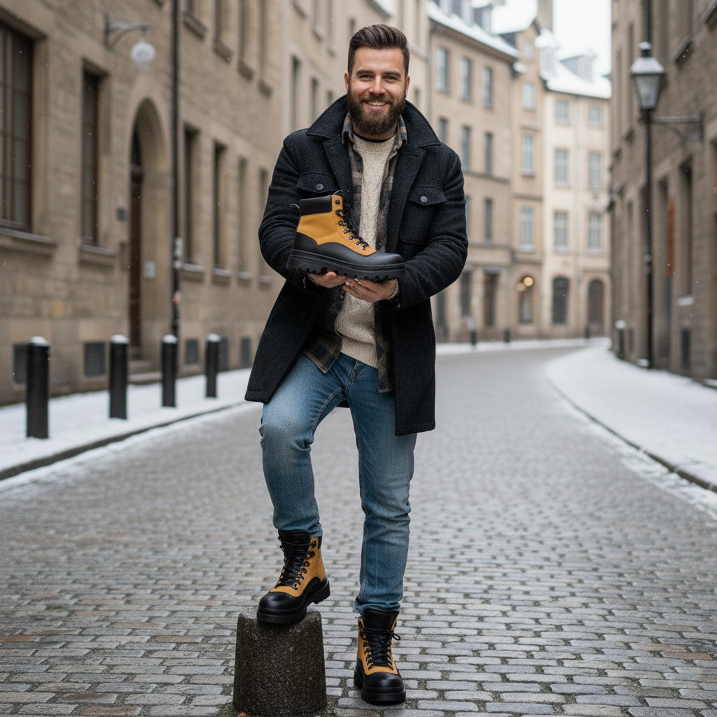 Bocanci, Ghete bărbați piele naturală | 881 Negru-Galben Canadian