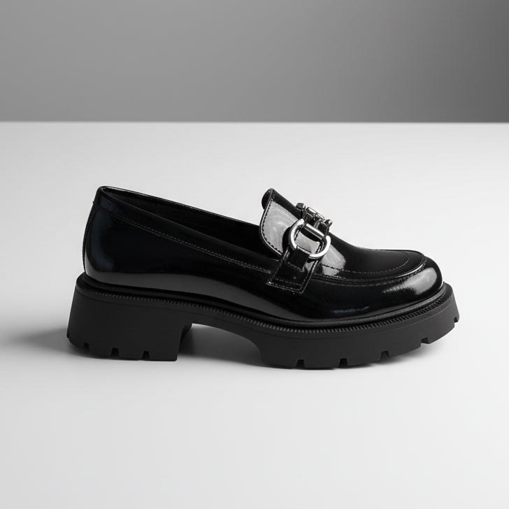 Mocasini damă negri cu talpă groasă din piele naturală lacuita 132 lac