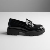 Mocasini damă negri cu talpă groasă din piele naturală lacuita 132 lac