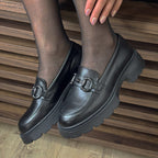 Mocasini damă negri cu talpă groasă din piele naturală 132