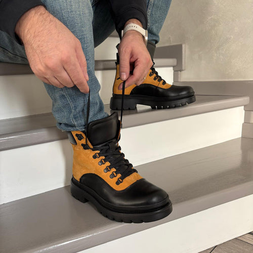 Bocanci Ghete Barbati Piele Naturala 881 Negru Galben Canadian