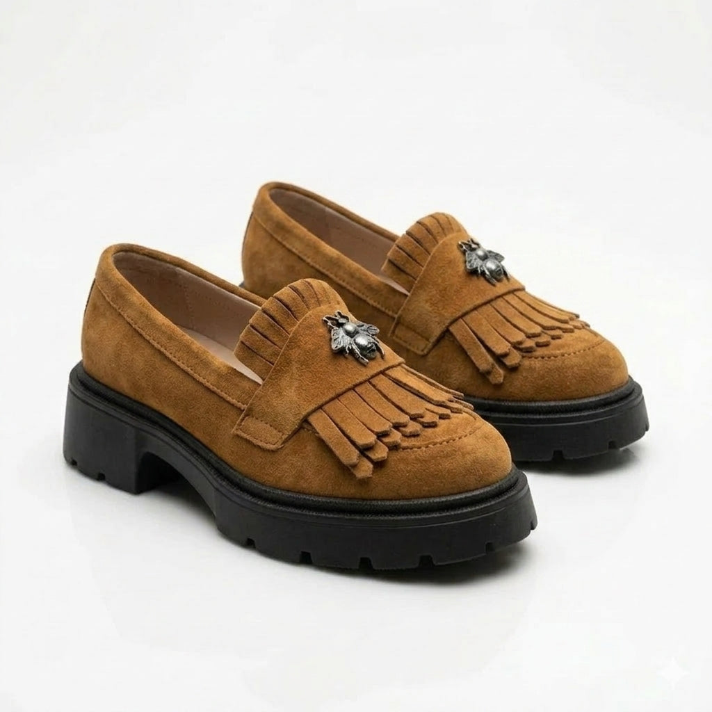 Mocasini damă maro din piele naturală intoarsa, velur 131 TN talpa neagra