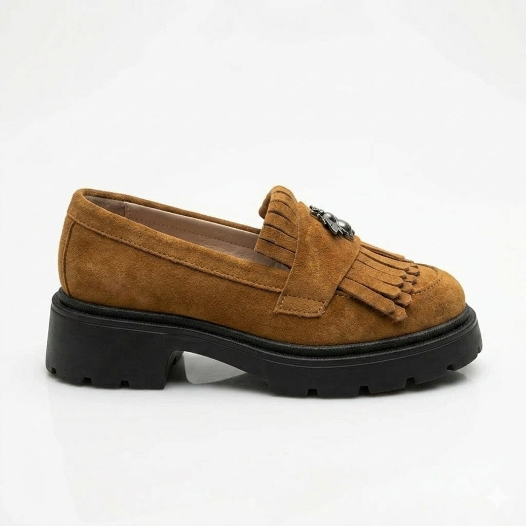 Mocasini damă maro din piele naturală intoarsa, velur 131 TN talpa neagra