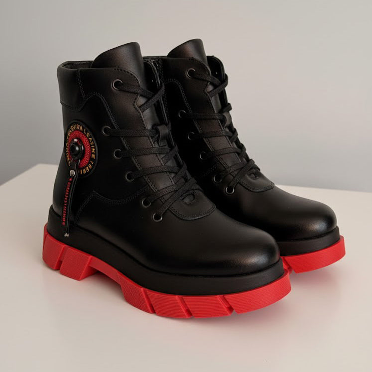 Ghete de damă din piele naturală | 736-2025 Culoare NEGRU-ROSU