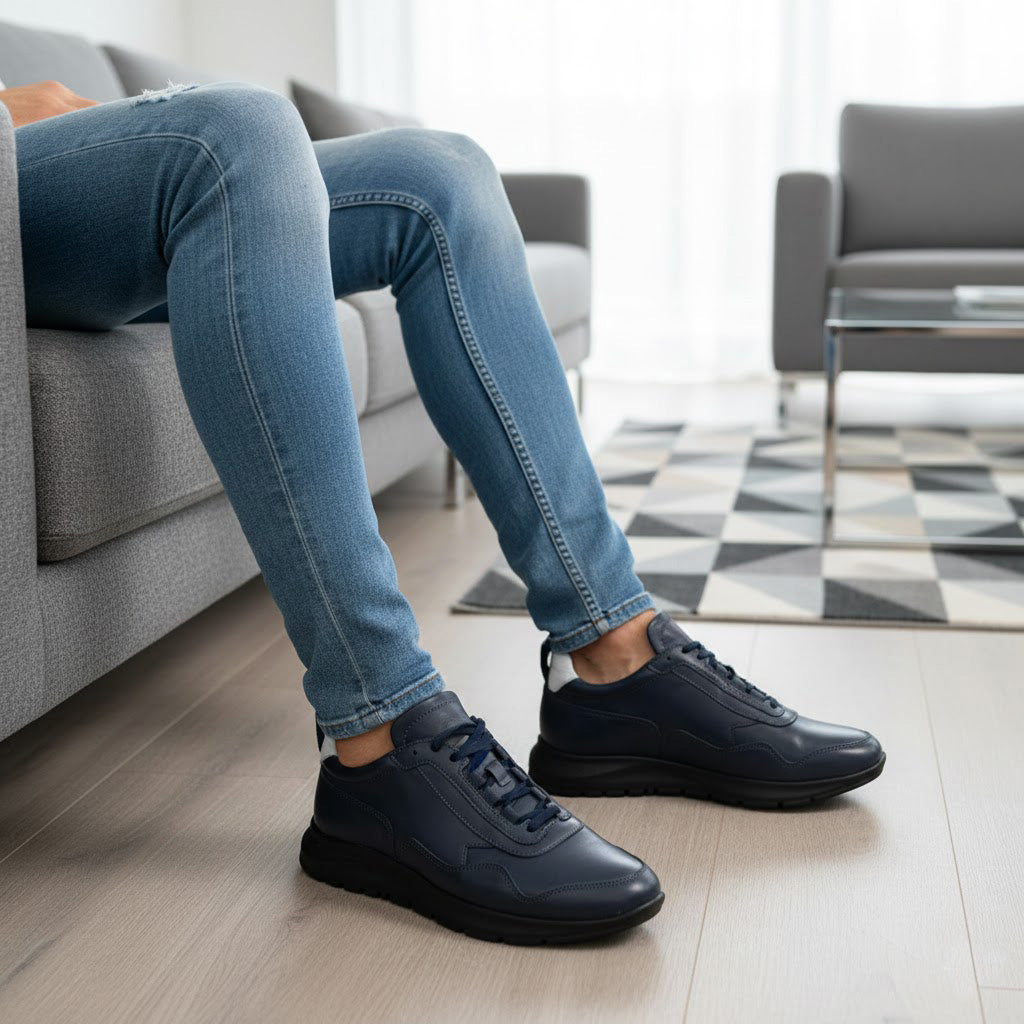 Pantofi sport bărbați piele naturală 467 bleumarin talpa neagra
