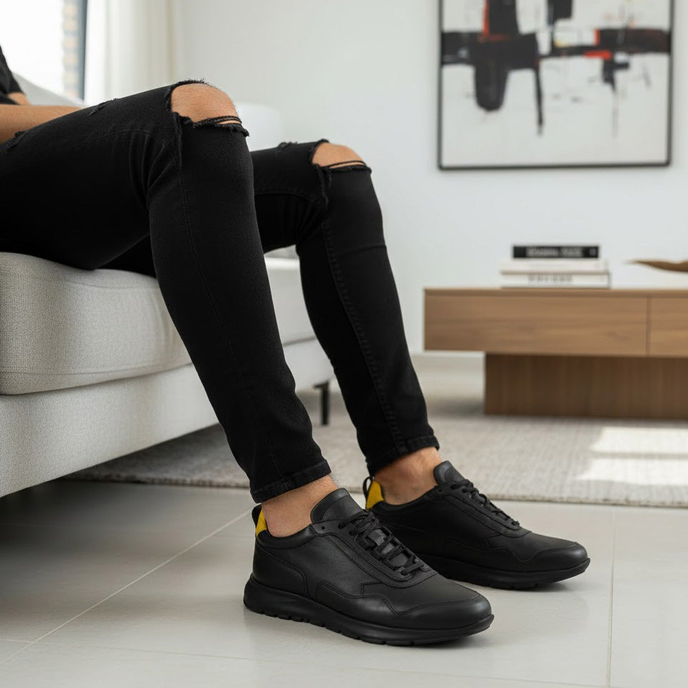 Pantofi sport bărbați piele naturală 467 negru - galben