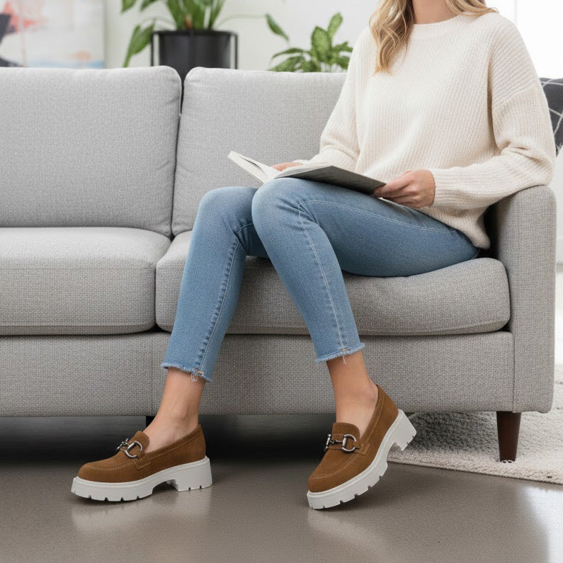 Mocasini damă maro din piele naturală intoarsa cu talpa groasa f usoara cod 132