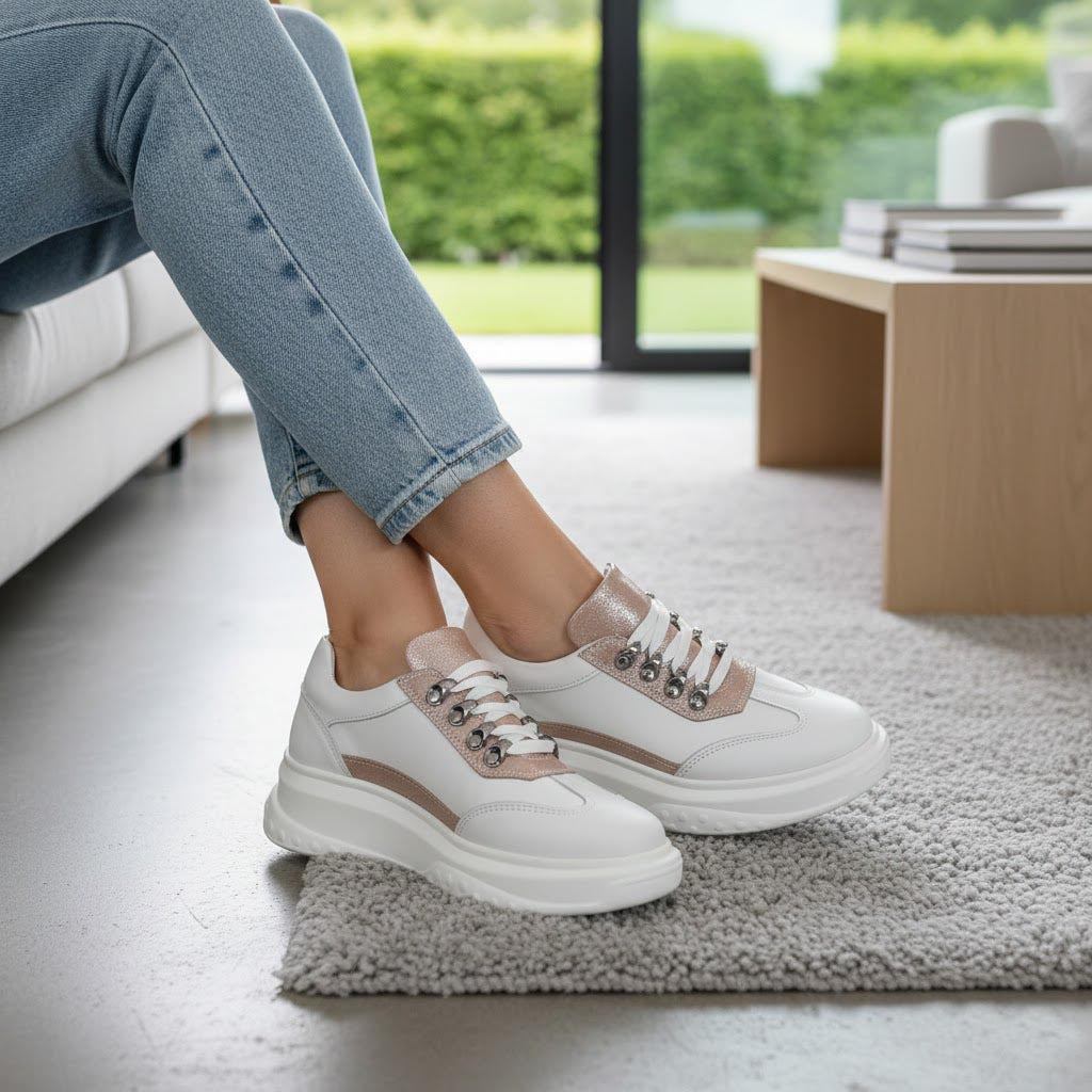 Pantofi damă din piele naturală 144 TE alb-roz