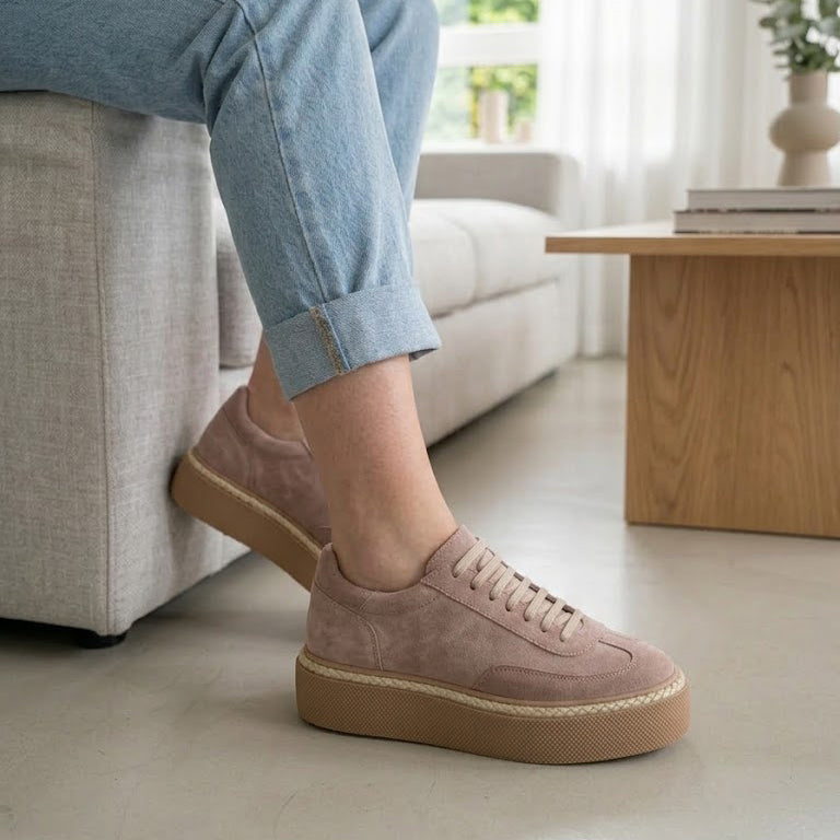 Pantofi casual din piele naturala intoarsa culoare roz pudra cod 1634