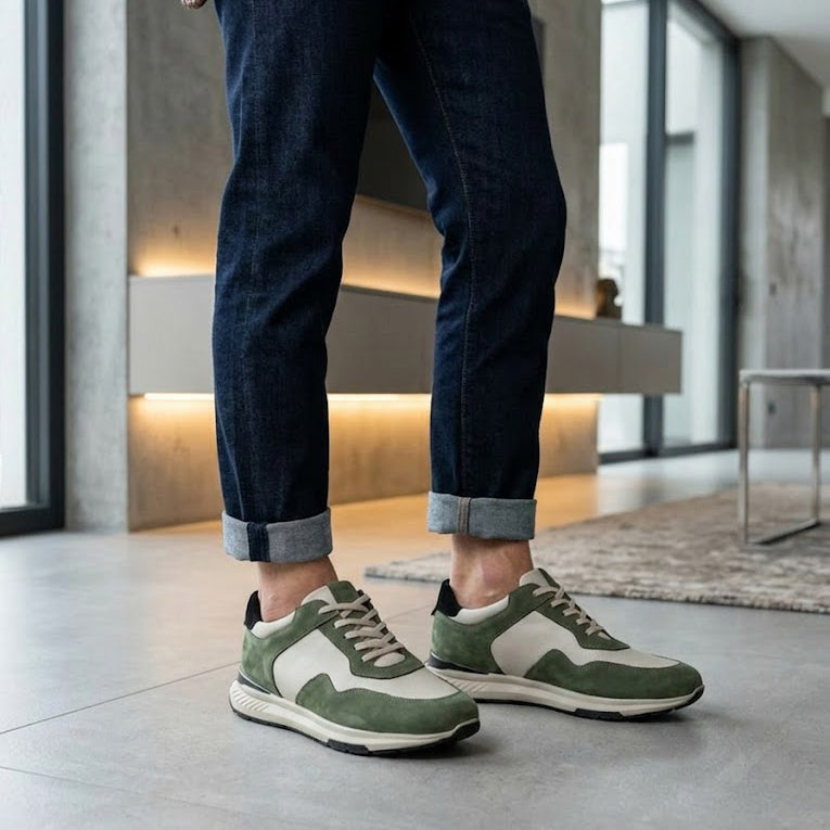 Pantofi sport bărbați piele naturală 462 verde-alb natur