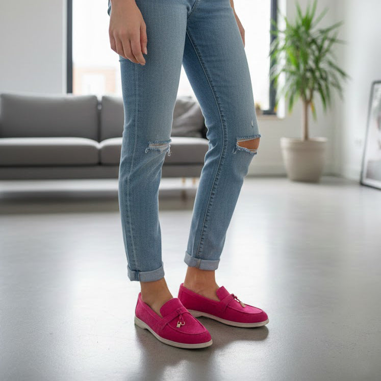 Pantofi 134-1 casual din piele naturala intoarsa culoare magenta