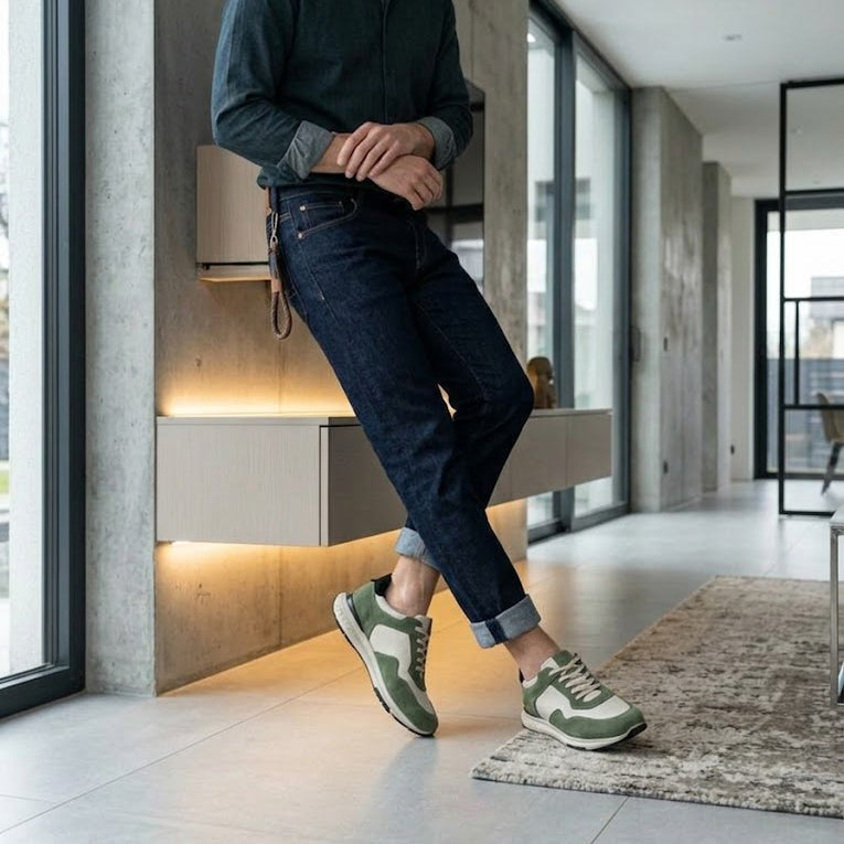 Pantofi sport bărbați piele naturală 462 verde-alb natur