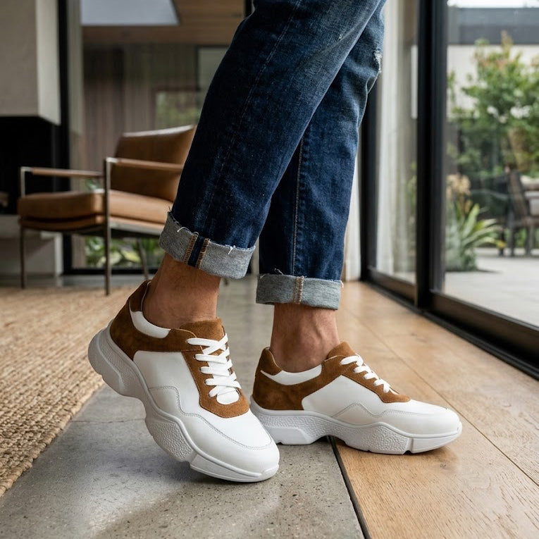 Pantofi sport bărbați piele naturală. cod 466. culoare alb-mustar