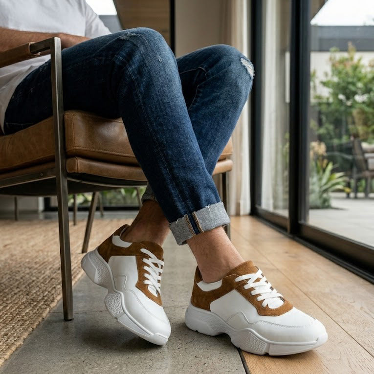 Pantofi sport bărbați piele naturală. cod 466. culoare alb-mustar