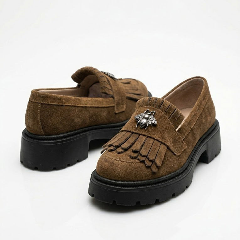 Mocasini damă maro ciocolata din piele naturală intoarsa, velur 131 TN talpa neagra