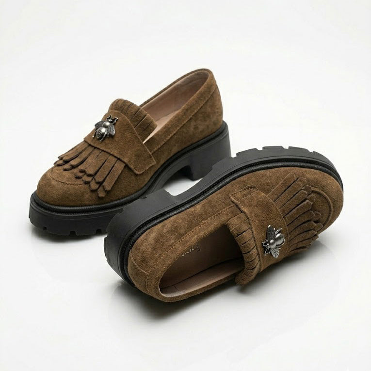 Mocasini damă maro ciocolata din piele naturală intoarsa, velur 131 TN talpa neagra