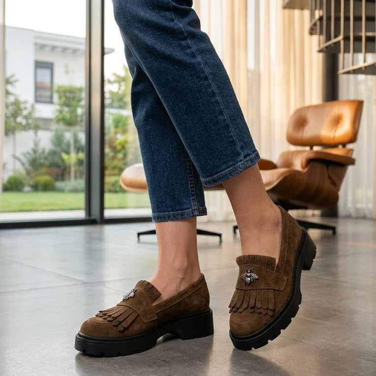 Mocasini damă maro ciocolata din piele naturală intoarsa, velur 131 TN talpa neagra